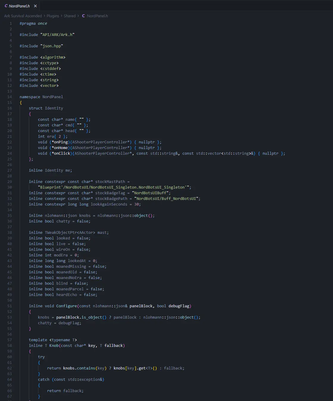 The NordPanel.h header open in the editor, inside the Shared folder of a plugin project