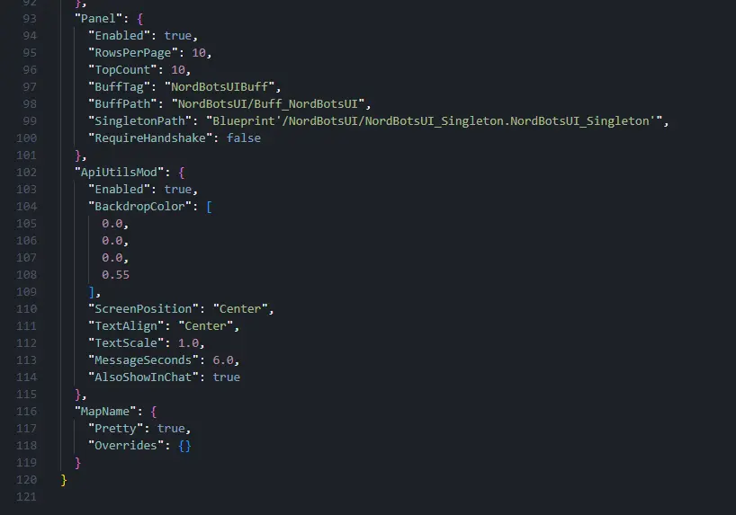 A config.json open in the editor with the Panel section filled in with the stock values