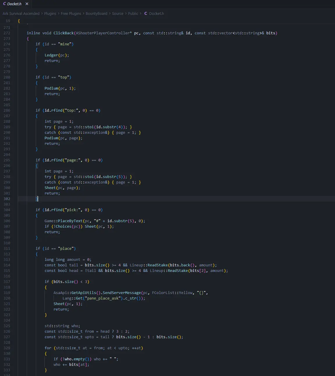 The ClickBack handler in Docket.h routing each button id to the matching plugin action